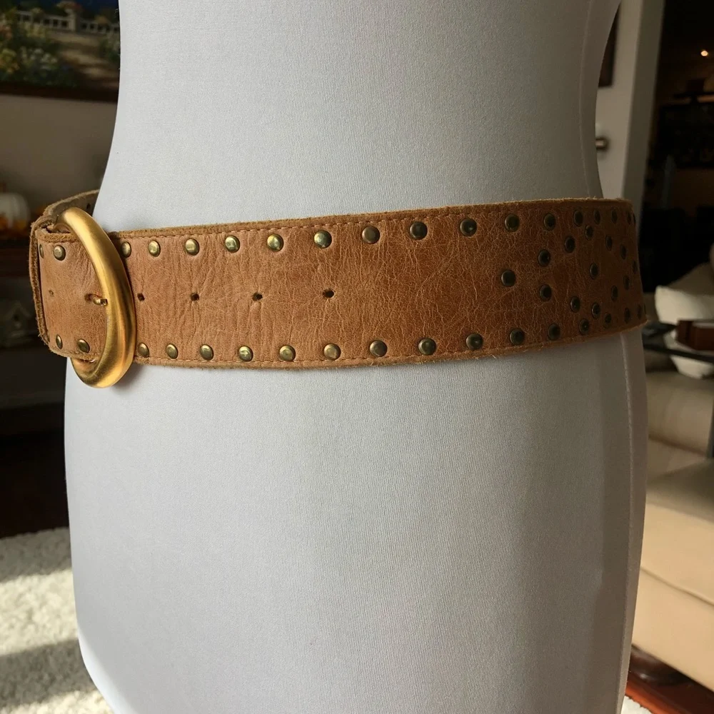 Studded Tan Leather Belt with Gold Buckle